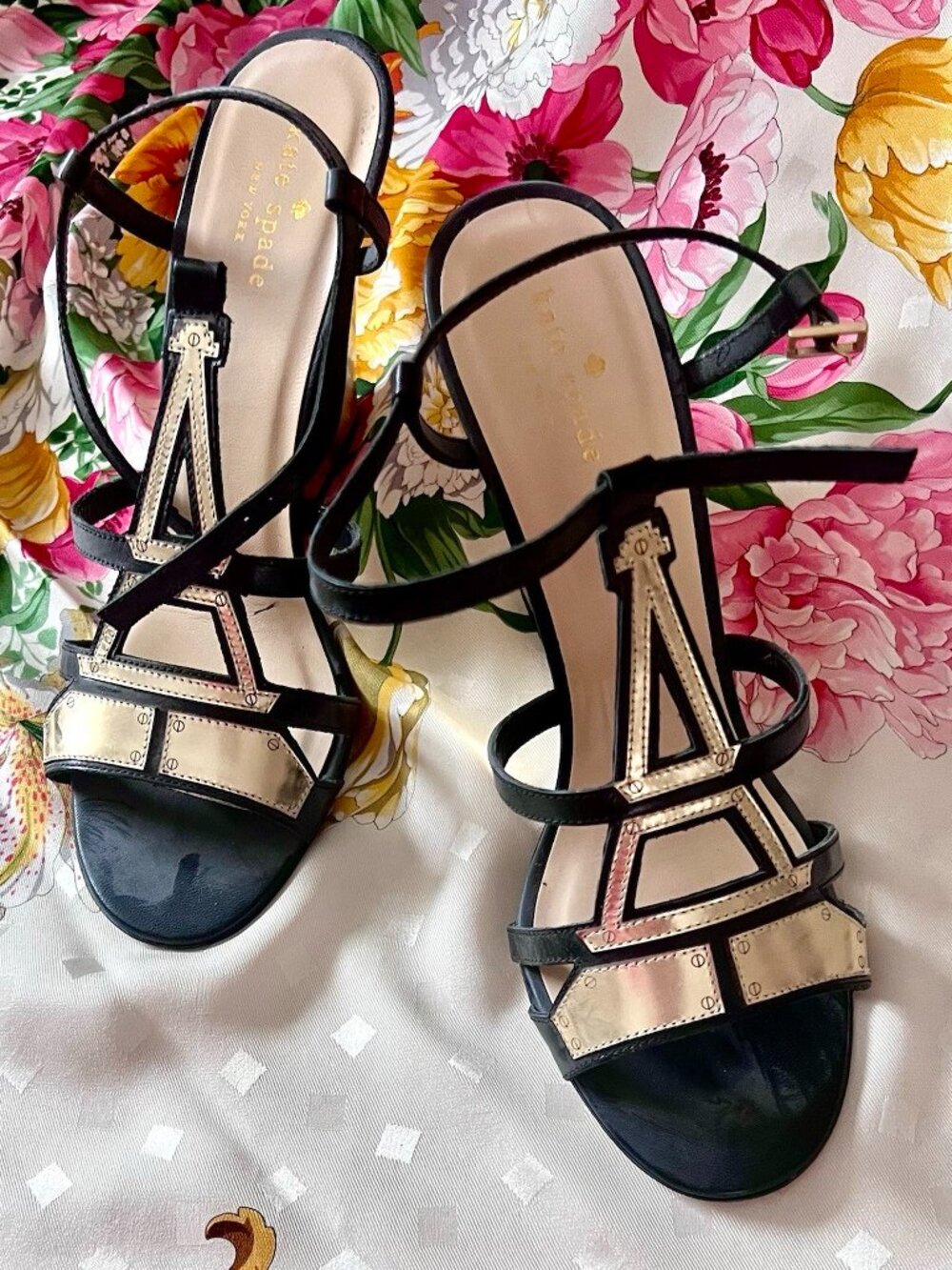 KATE SPADE DESIGNER “EIFFEL TOWER” BLACK & METALLIC GOLD WITH GOLD WEDGE HEELS